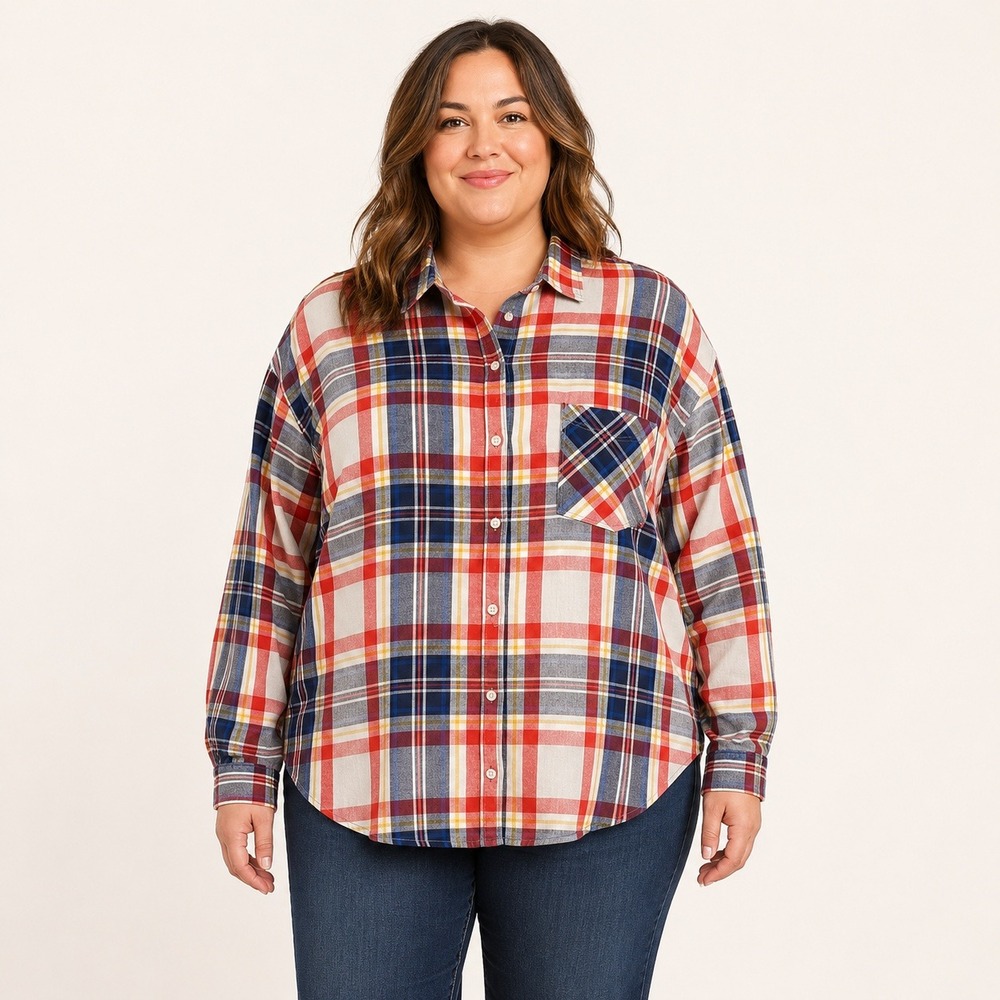 Old Navy Boyfriend Shirt Women's XXL Red Navy Plaid Cotton Button Up Americana